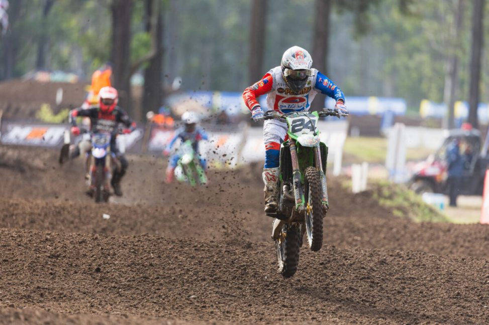 MX1 Race 1 at Rd 4 ProMX Championship, Maitland,New South Wales.
Image Details
Camera: Canon Canon EOS R3
Lens: RF100-300mm F2.8 L IS USM
f 2.8
1/1600 sec
ISO 400
Credit: Marc Jones/Foremost Media
Date: 25 May 2024