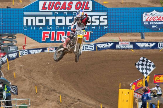 Ken Roczen celebrates after winning at Round 1 of the AMA Motocross Series at Hangtown Motorsports Park in Prairie Valley, California, USA on May 21, 2016 // Garth Milan / Red Bull Content Pool // SI201605230088 // Usage for editorial use only //