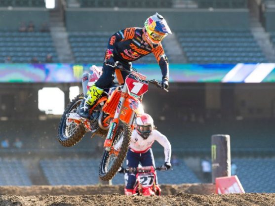 Cooper Webb rides during a practice session for the AMA Supercross at Angel Stadium in Anaheim, CA on Friday, January 3, 2020. Saturday is the AMA Supercross season opener at Angel Stadium.  (Photo by Paul Bersebach, Orange County Register/SCNG)
