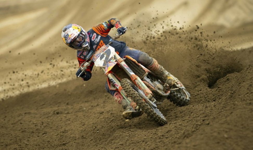 In this May 8, 2019 image provided by Racer X Illustrated, motocross rider Cooper Webb rides during testing at Fox Raceway in Pala, Calif. Webb expected his first season with KTM Racing to be a building year, particularly after struggling the preview two years. Instead, he enters the outdoor season as one of the favorites after winning his first Supercross title.(Simon Cudby/Racer X Illustrated via AP)